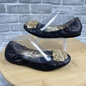BCBG Max Azria Women’ Size 9.5 Black Leather Gold Beaded Stretch Ballet Flats